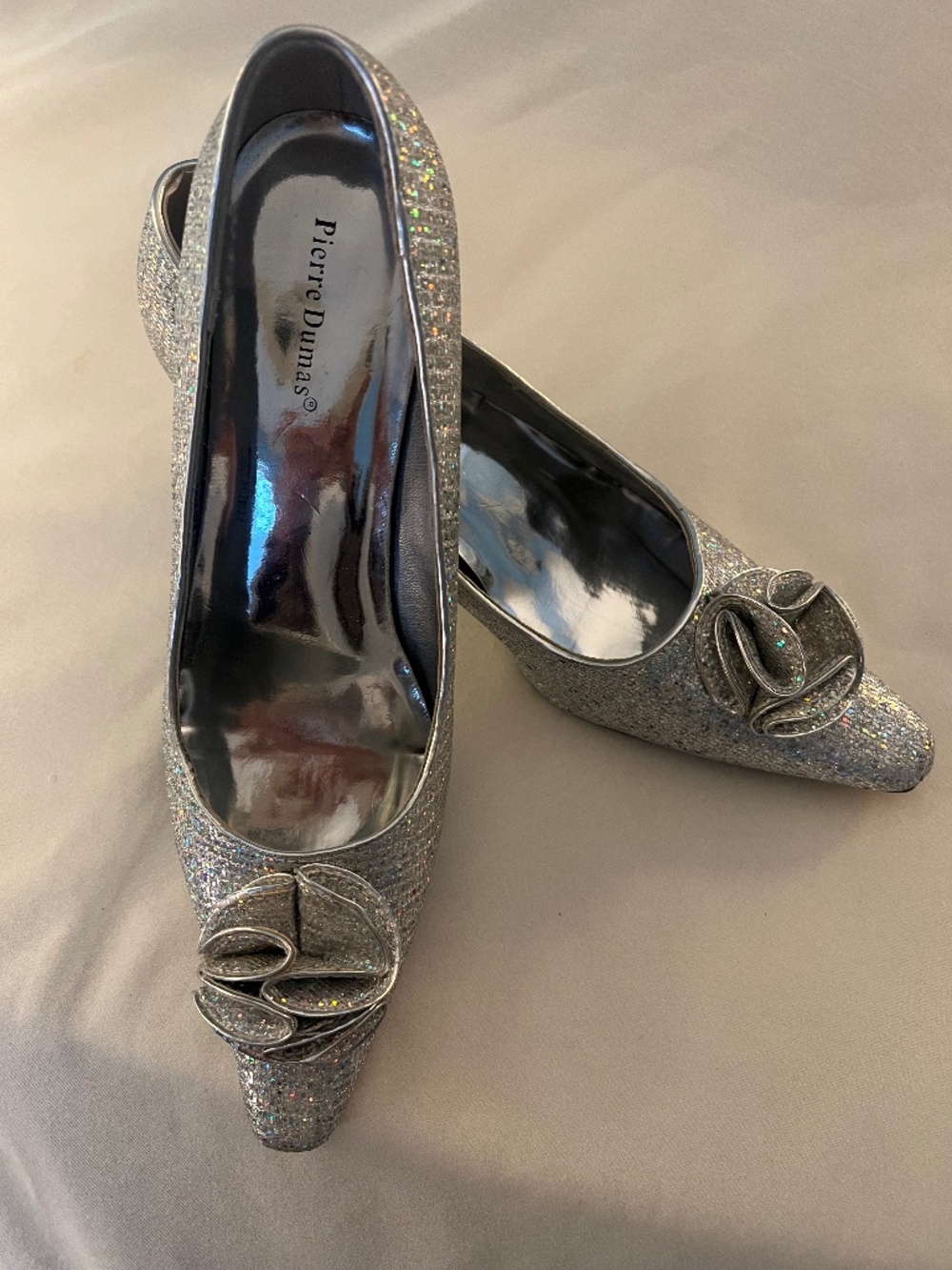 Pierre Dumas Silver Glitter Pointed Toe Heel with Decorative Rosette